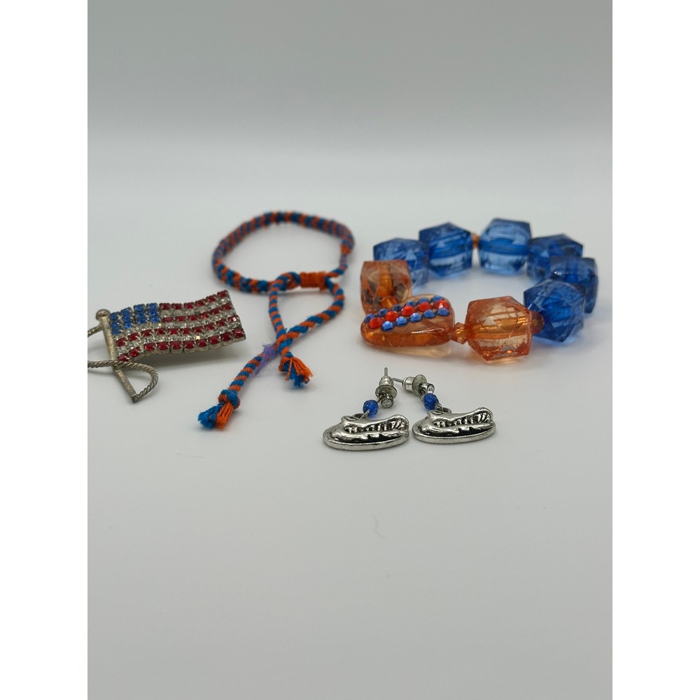 Jewelry Bundle American Flag Brooch Gator Earrings Blue Orange Bracelets 4pc Set
